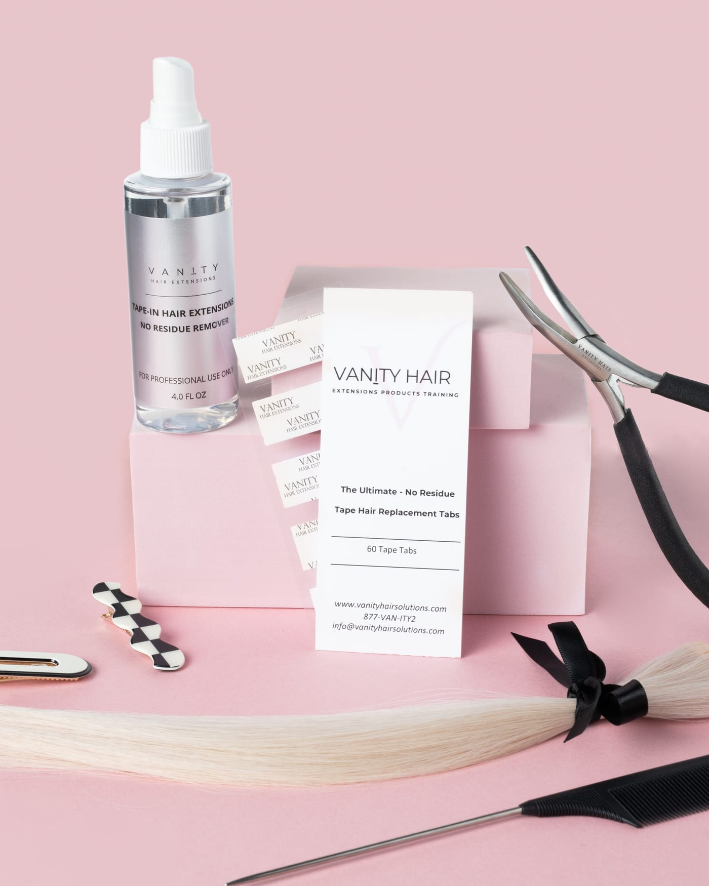 Vanity Hair Solutions tape extension kit — remover, replacement tabs, pliers and a weft